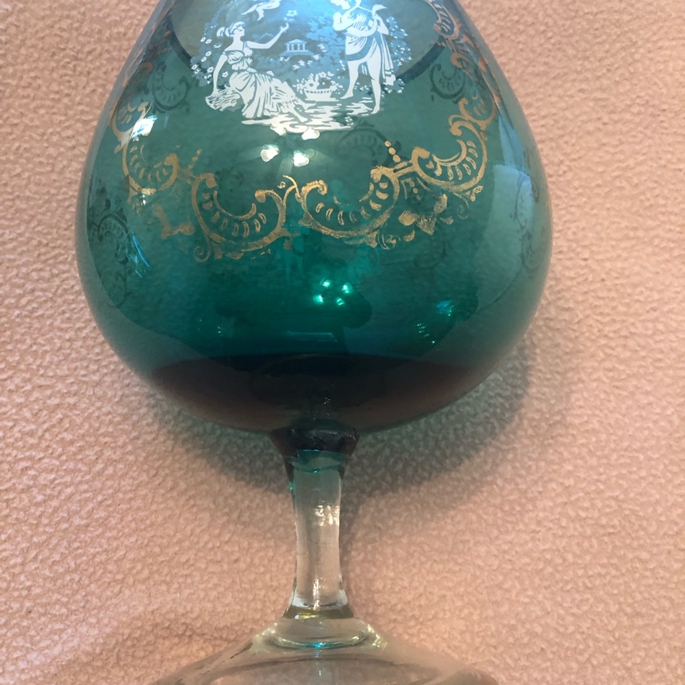 Vintage  Italian Large Teal Glass Goblet with Gold Gilded Roman Gods In Garden